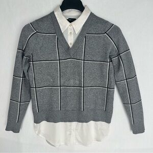 Jones New York (JNY) Women's Sweater V-Neck Grid Pattern Gray-White Office Sz L